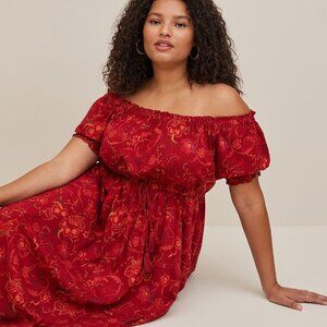 Torrid Midi Rayon Twill Off the Shoulder Peasant Dress 6 6X Red Floral Bohemian